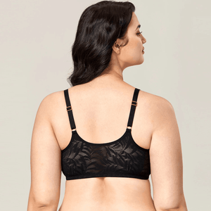 Back view showing wide lace band, full back coverage and adjustable straps on black bra - MissFine