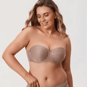 Front view of cappuccino seamless strapless bra with molded full cups - MissFine
