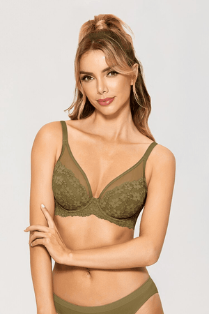 Close-up of mauve lace full coverage bra showing molded cups with sheer mesh panel detail - MissFine