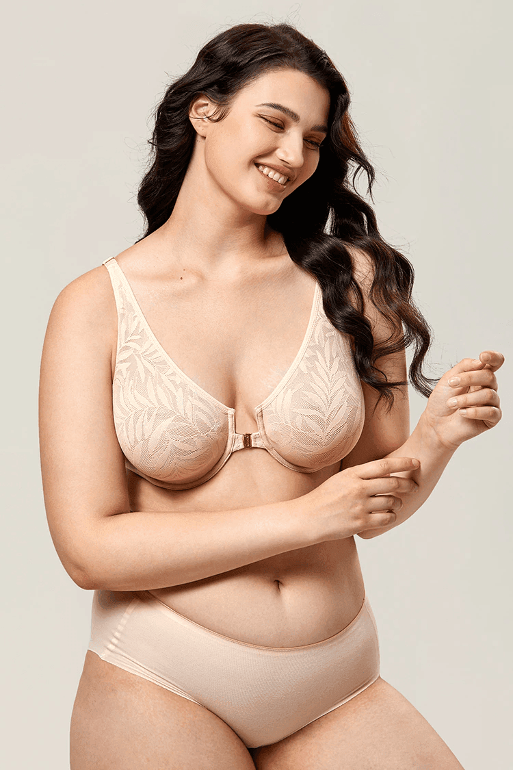 Close-up of nude lace cups with metallic front closure clasp and underwire support detail - MissFine