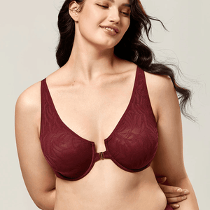 Side angle of burgundy lace full cup bra showing molded shape and clear front closure clasp - MissFine