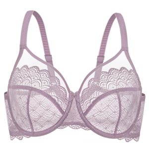 Close-up of mauve lace overlay and sheer mesh upper cup panels on full cup bra - MissFine