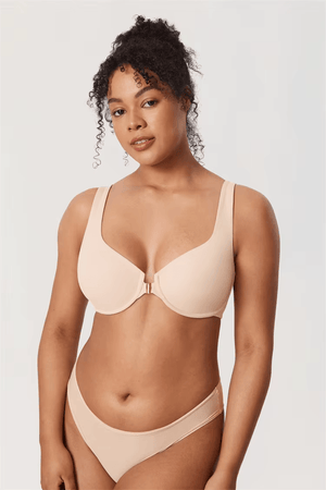 Front view of brown front-closure underwired bra with molded cups and gold-tone center clasp - MissFine