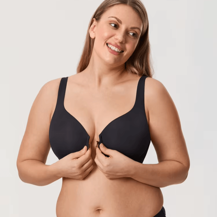 Front view of black plus size front-closure bra showing seamless full-coverage cups and wide straps - MissFine