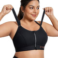 Front view of black zip front sports bra with molded padded cups and full coverage - MissFine