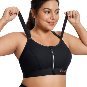 Front view of black zip front sports bra with molded padded cups and full coverage - MissFine