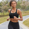 Front view of black padded sports bra with front zipper and wide racerback straps - MissFine