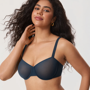 Side angle of navy full cup t shirt bra showing smooth seamless profile and light padding - MissFine