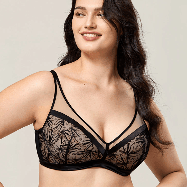 Front view of plus size nude bra with lace overlay and padded full cups - MissFine