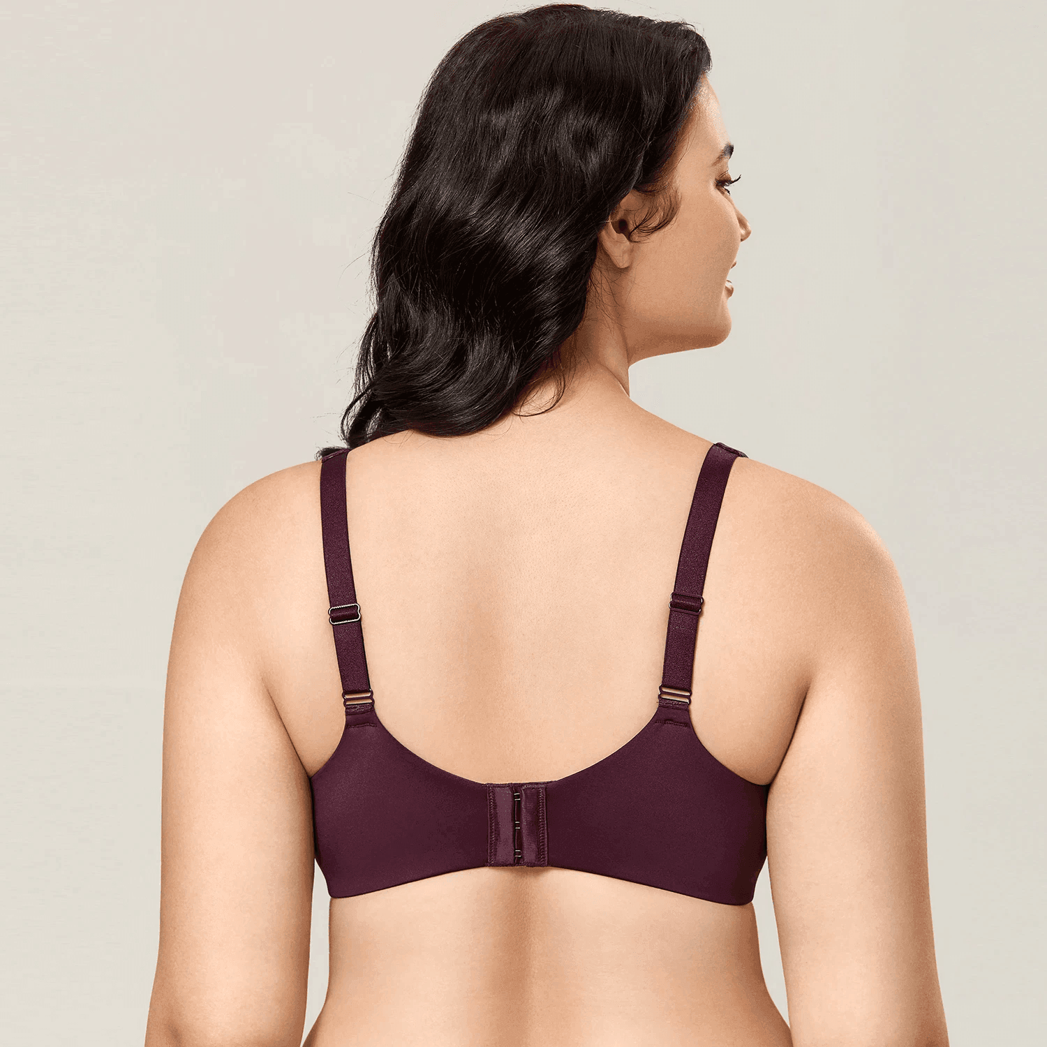 Side angle of burgundy seamless t shirt bra showing smooth molded cup profile - MissFine
