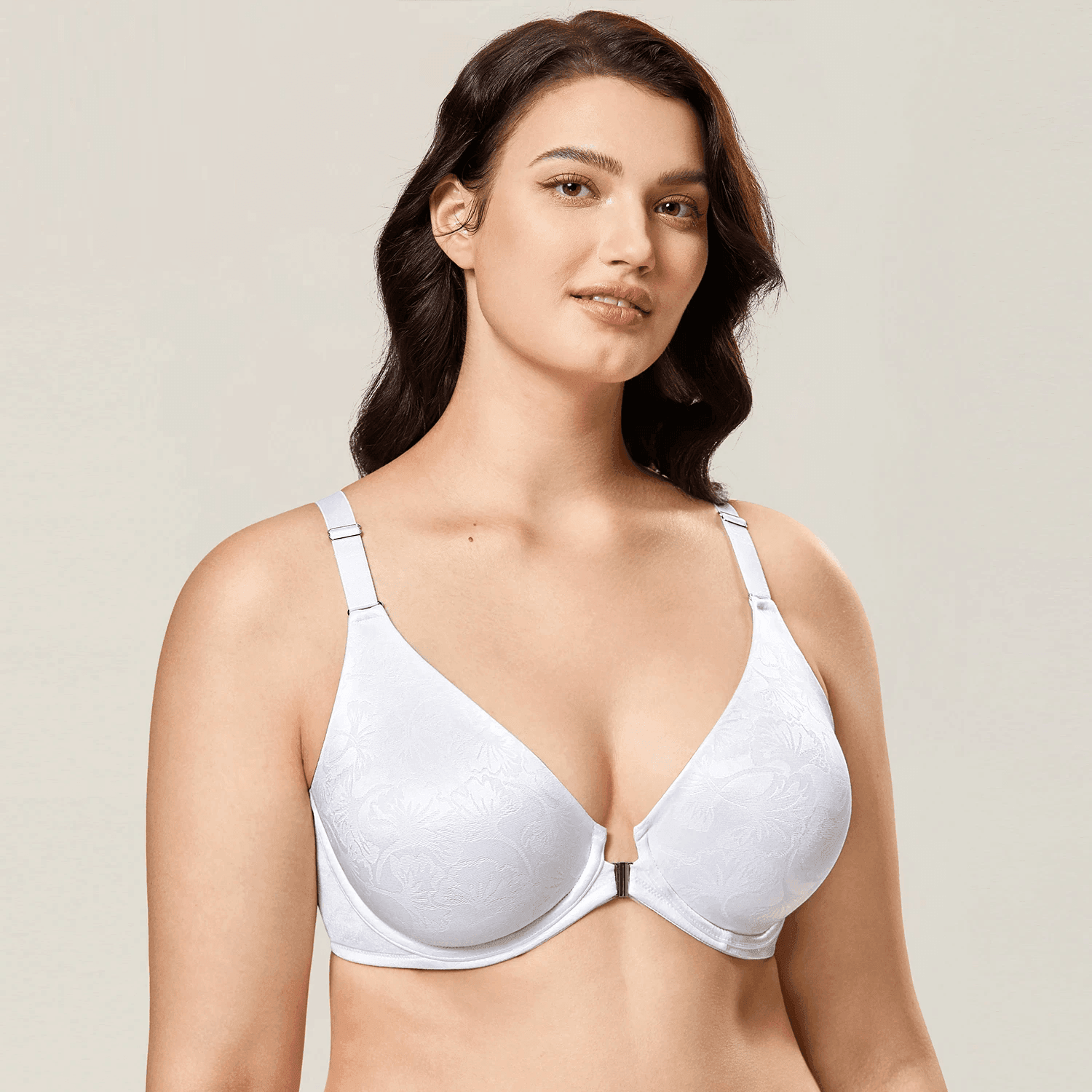 Front view of white plus size full cup underwire bra with decorative front clasp closure - MissFine