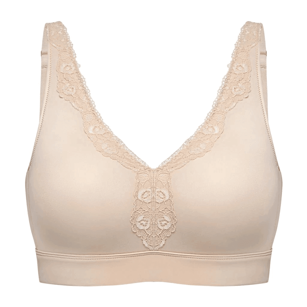 Close-up of delicate floral lace along V-neckline on non wired full cup bra - MissFine