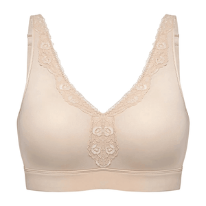Close-up of delicate floral lace along V-neckline on non wired full cup bra - MissFine