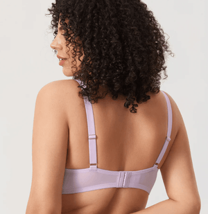 Close-up of sheer mesh balconette-style cups on light lavender underwired bra detail - MissFine