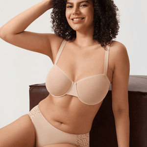 Side angle of nude padded t shirt bra showing seamless molded cups and adjustable straps - MissFine