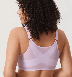 Back view of lilac bra with wide X-shaped posture support band and straps - MissFine