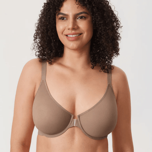 Front view of cappuccino full coverage front-closure underwire bra on model - MissFine