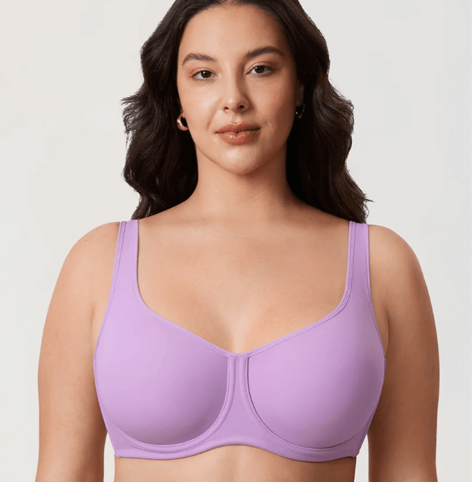 Back view of lilac full coverage bra with wide band and hook-and-eye closure - MissFine
