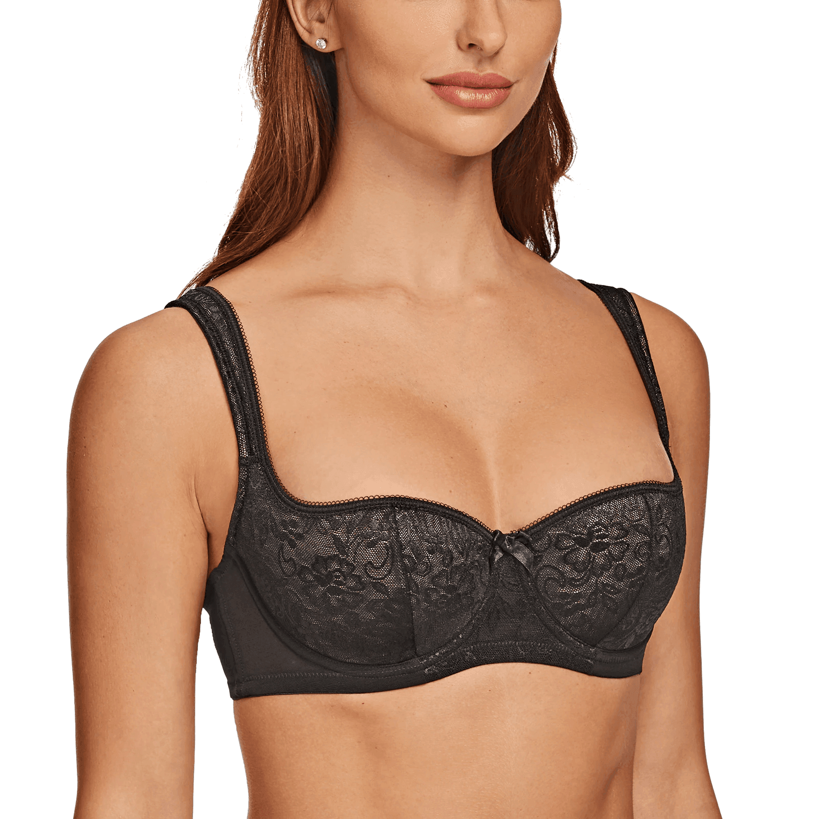 Side angle of navy blue lace balconette bra with molded cups and low neckline - MissFine