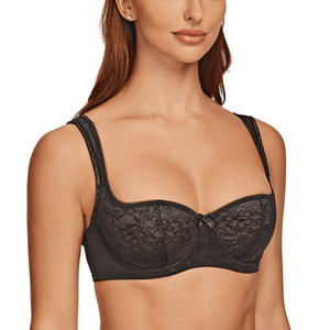 Side angle of navy blue lace balconette bra with molded cups and low neckline - MissFine