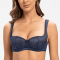 Front view of black lace balconette bra with lightly padded underwired demi cups - MissFine