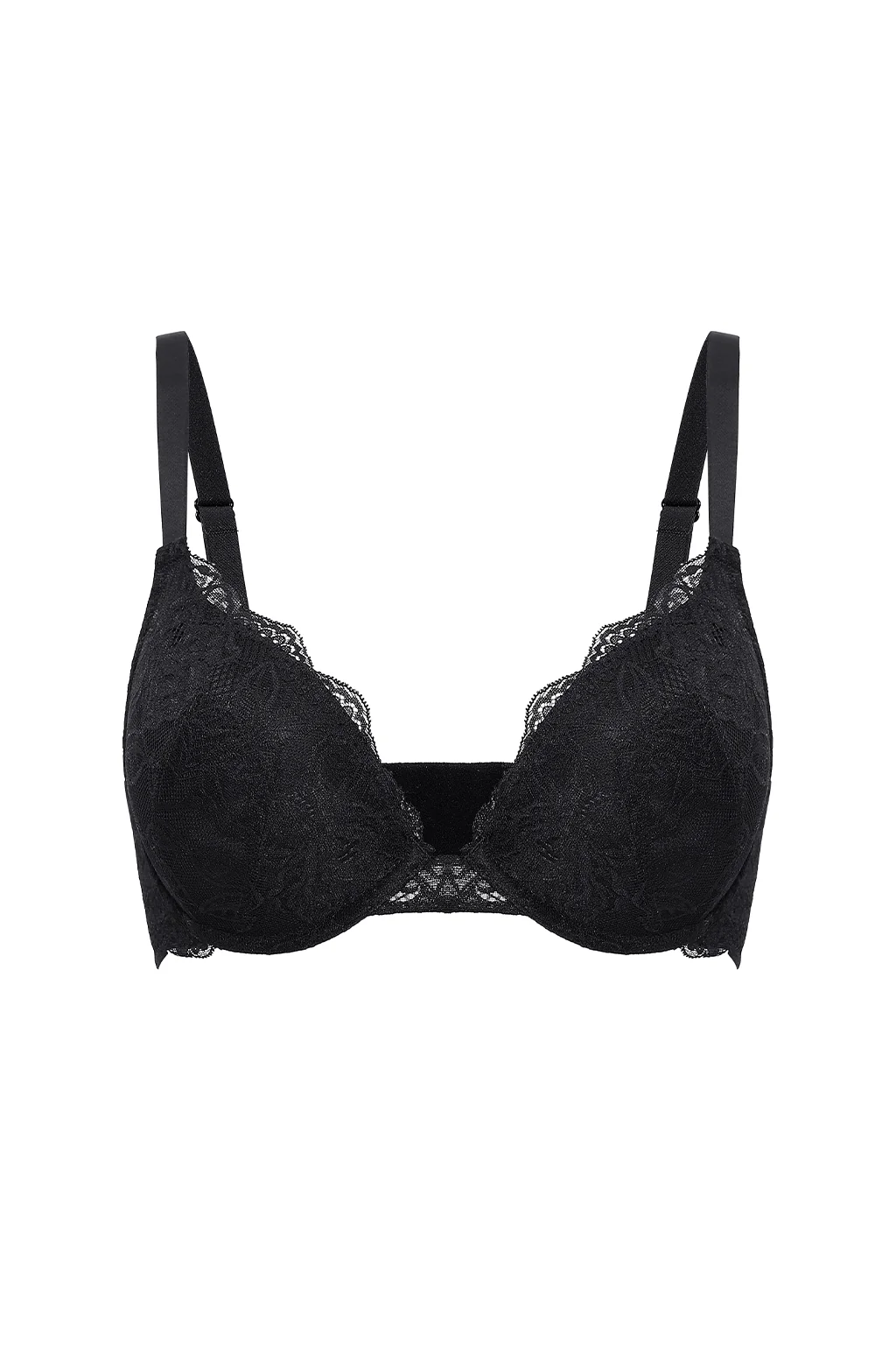 Close-up of black lace push up bra cups with scalloped edges and underwire structure - MissFine