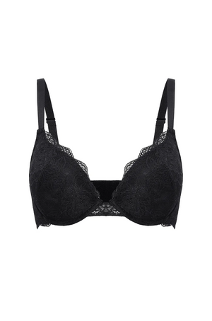 Close-up of black lace push up bra cups with scalloped edges and underwire structure - MissFine