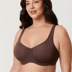 Side angle of dark brown seamless underwired bra showing wide band and cups - MissFine