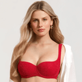 Front view of red lace padded balconette bra with underwire and demi coverage cups - MissFine