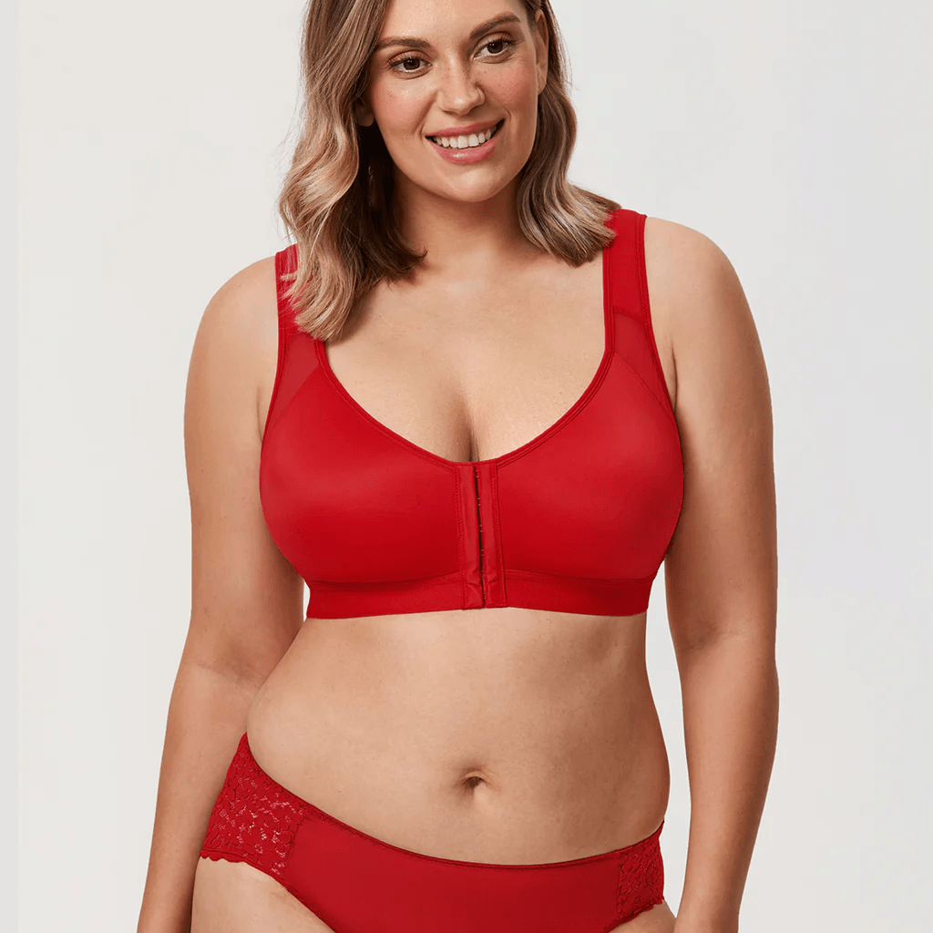 Front view red front-zip non wired full cup bra showing wide straps and smooth cups - MissFine