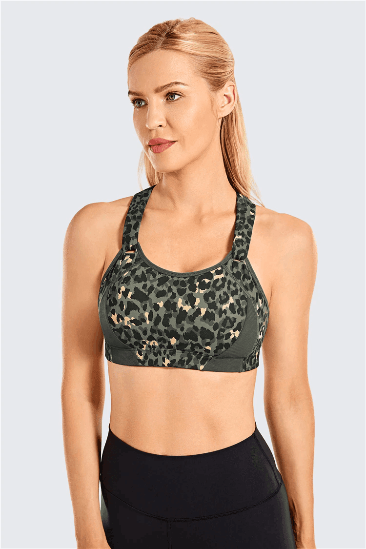 Back view of racerback sports bra with cutout detail and supportive band in camouflage print - MissFine