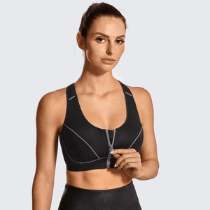 Front view of black zip front sports bra with molded padded cups and racerback straps - MissFine