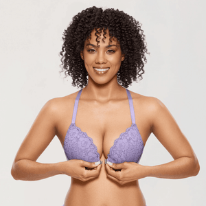 Close-up of floral lace overlay on padded plunge cups with visible underwire structure - MissFine