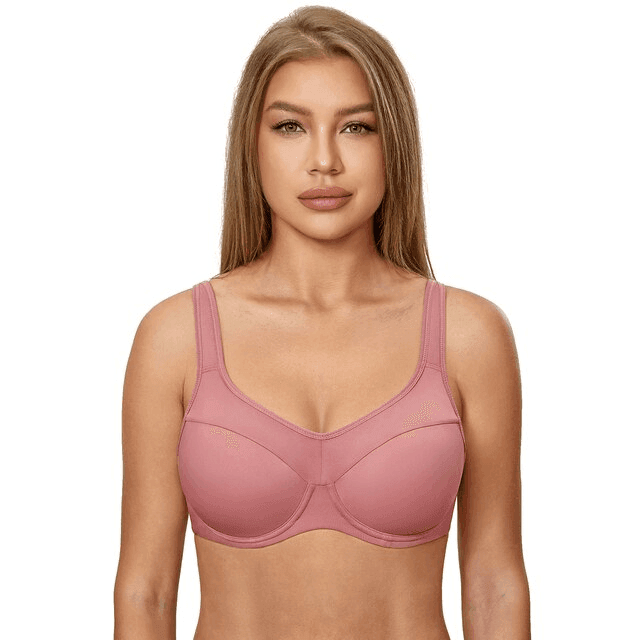 Front view of full cup minimiser bra in vintage pink with smooth molded cups and underwire support - MissFine