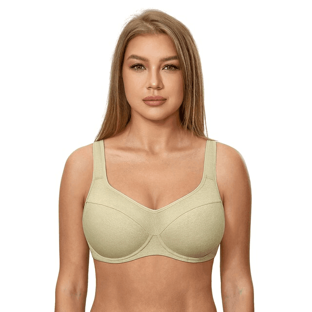 Front view of black full coverage minimiser bra with V-neckline and wide-set molded cups for larger busts - MissFine