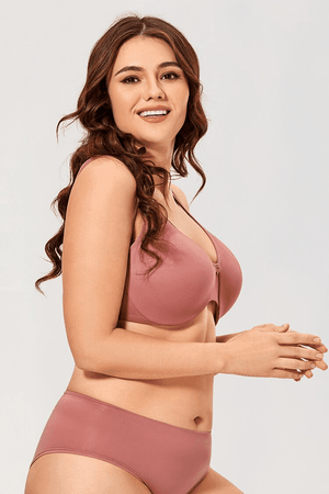 Close-up of teal seamless full cup bra showing molded cups and structured center gore - MissFine