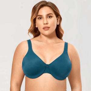 Side angle showing smooth minimiser profile and adjustable straps on dusty rose full cup bra - MissFine