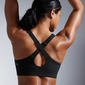 Back view of black sports bra showing adjustable cross-back straps and keyhole cutout above underband - MissFine