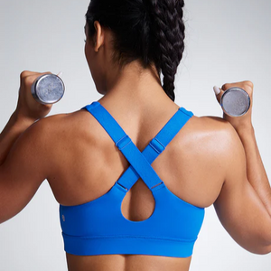 Back view of royal blue padded racerback sports bra with adjustable straps forming an X on upper back - MissFine