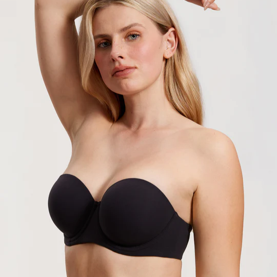 Side angle of black push up strapless bra showing demi coverage and underwire support - MissFine