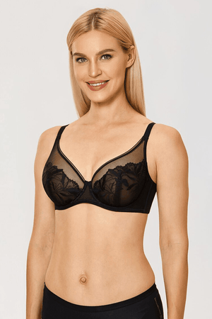 Front view black plunge underwire lace bra with semi-sheer cups and adjustable straps - MissFine