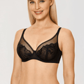 Front view black plunge underwire lace bra with semi-sheer cups and adjustable straps - MissFine