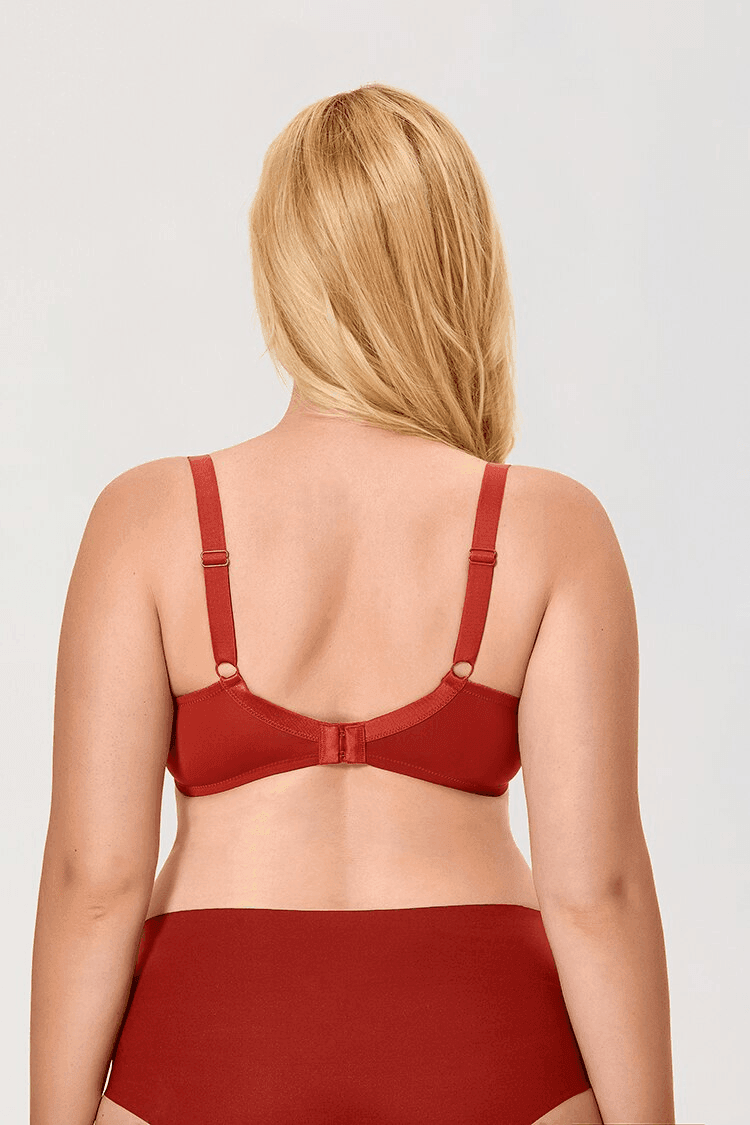 Close-up of ornate scalloped lace detailing on full cup underwire bra in dusty mauve - MissFine