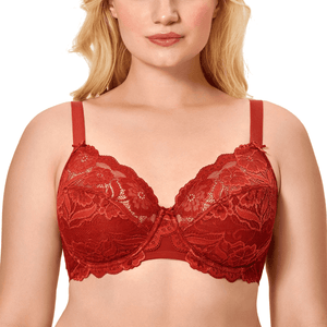 Front view of plus size full cup lace bra with underwire and adjustable straps in red - MissFine