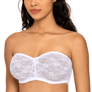 Front view of white lace seamless strapless bra with molded cups and underwire - MissFine