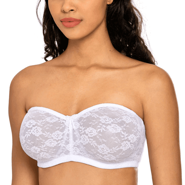 Front view of white lace seamless strapless bra with molded cups and underwire - MissFine