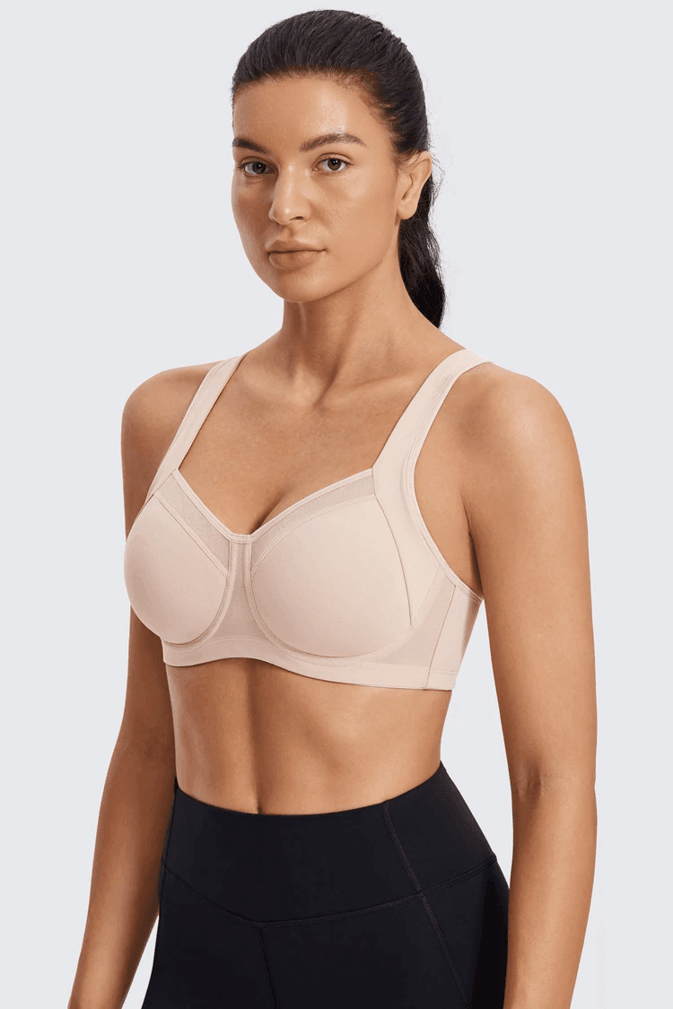 Back view of nude sports bra with wide straps and hook-and-eye closure for added back support - MissFine