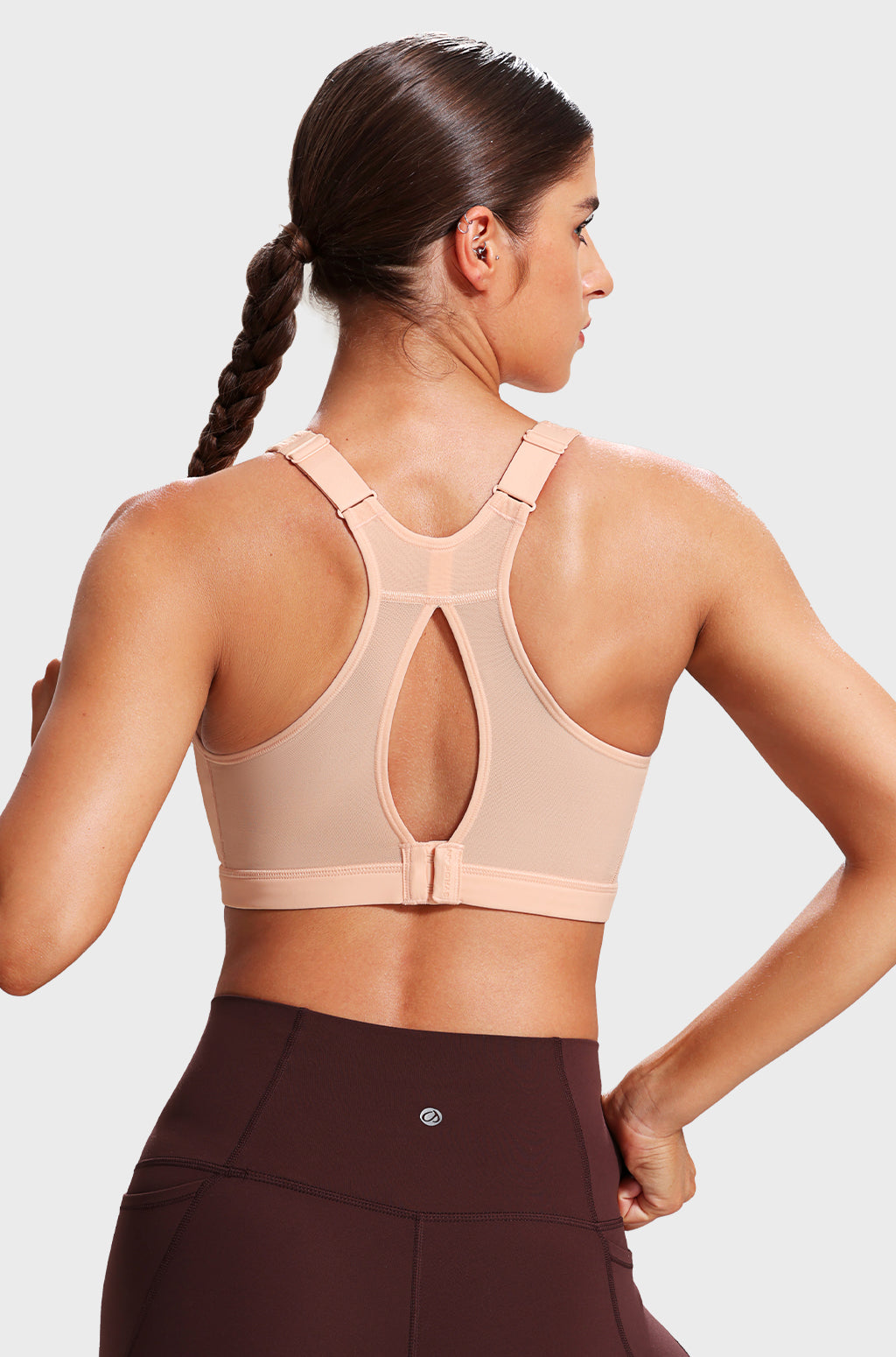 Back view of nude keyhole racerback sports bra with hook-and-eye closure - MissFine