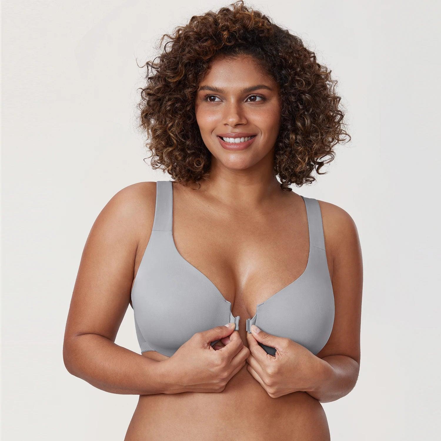 Front view of gray full cup underwire bra with seamless molded cups and front clasp closure - MissFine