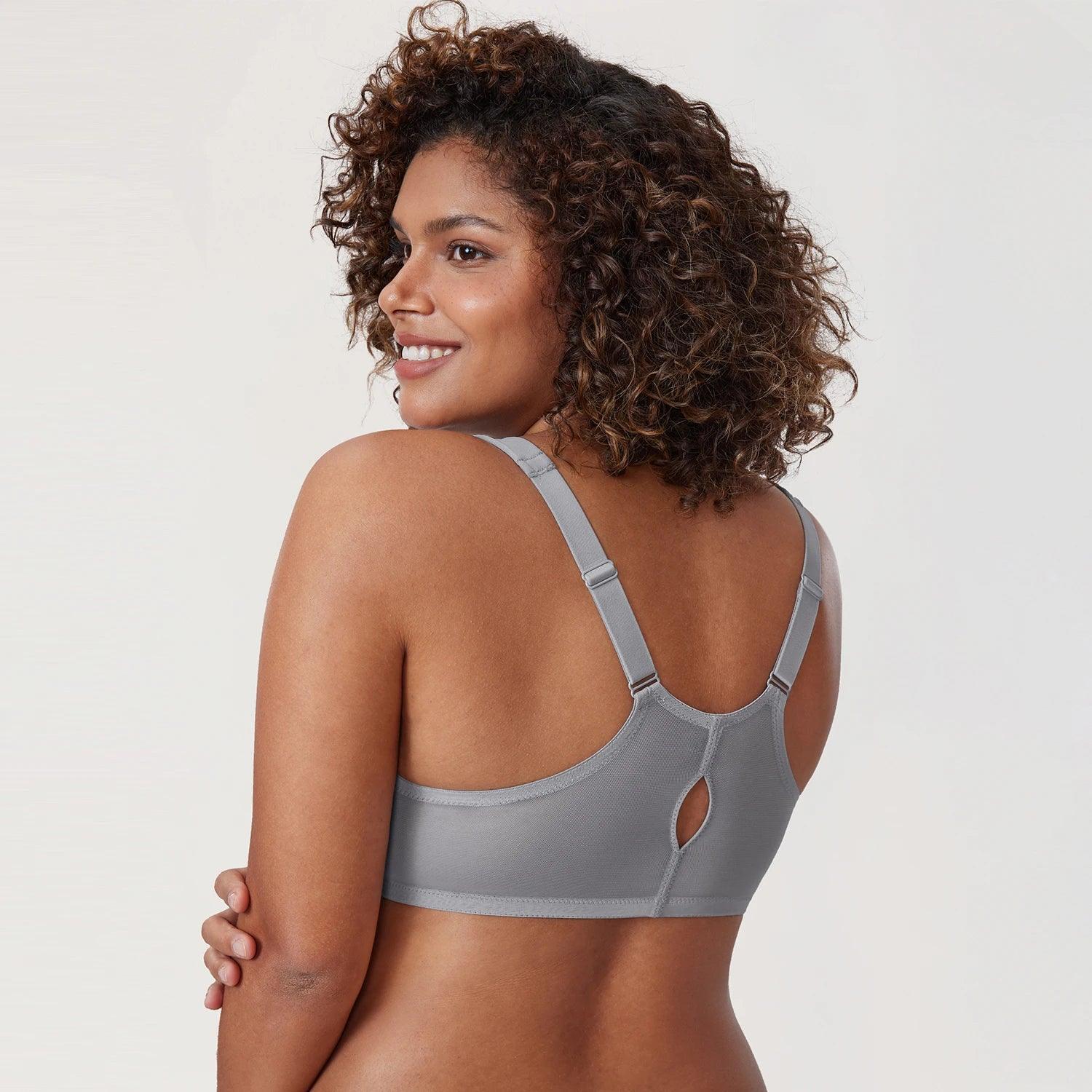 Side angle of gray front-closure underwire bra showing smooth cup profile and standard straps - MissFine